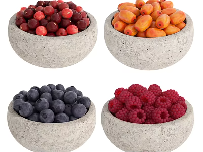 Fresh Mixed Fruits in Stone Bowls with Cranberries Apricots Blueberries and Raspberries 3d model