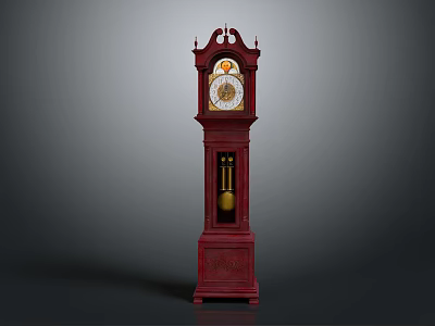 Ornate Red Traditional Grandfather Clock Featuring Carved Details And Gold Pendulum 3d model