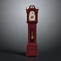Ornate Red Traditional Grandfather Clock Featuring Carved Details And Gold Pendulum