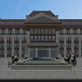 Modern Multi Story Office Building Exterior With Large Glass Windows Central Entrance And Plaza