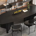 Modern Dining Table Set Featuring Black Oval Table Gray Chairs Green Plant And Bookshelves