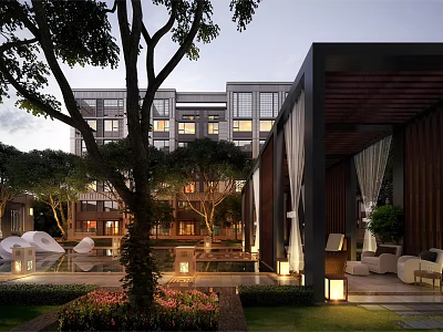Modern Residential Building With Lush Greenery Courtyard Garden And Lighting 3d model