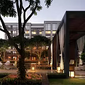 Modern Residential Building With Lush Greenery Courtyard Garden And Lighting