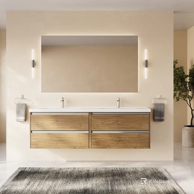Modern Bathroom Interior With Large Mirror Double Sinks Wooden Cabinets And Wall Lights 3d model 
