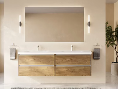 Modern Bathroom Interior With Large Mirror Double Sinks Wooden Cabinets And Wall Lights 3d model