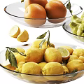 Fresh Oranges Green Pears and Lemons in Glass Bowls with Scattered Fruits and Leaves
