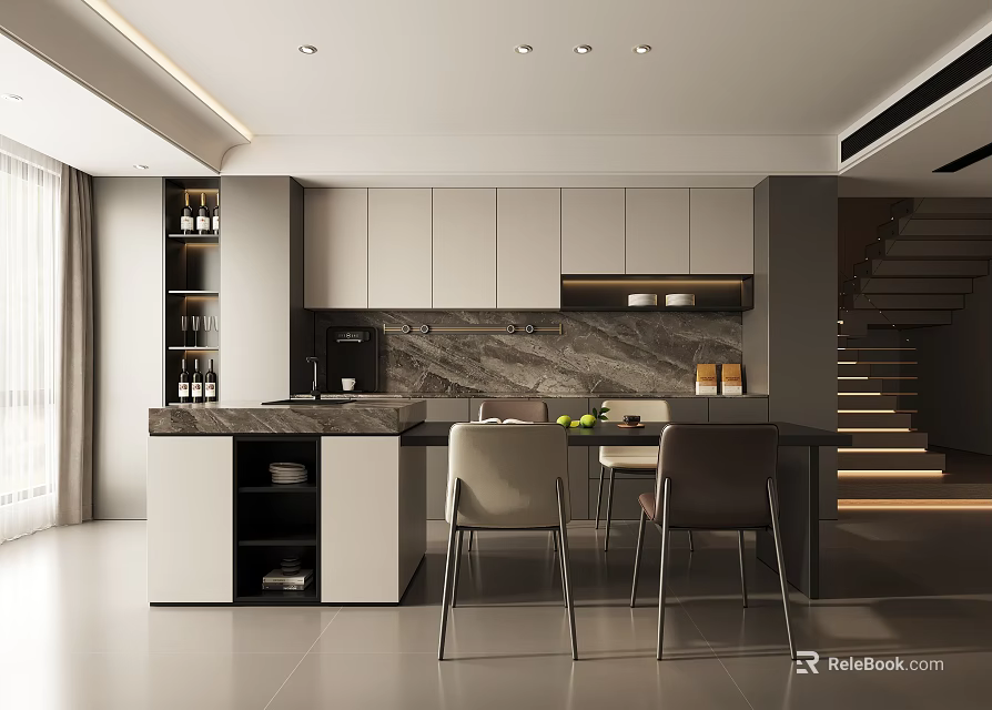 Modern Restaurant Interior With Dining Table Chairs Marble Counter And Elegant Lighting Design 3d model 