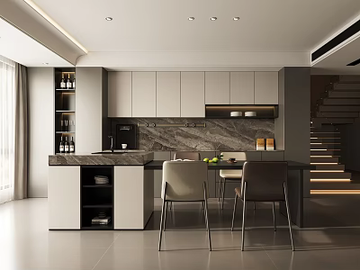 Modern Restaurant Interior With Dining Table Chairs Marble Counter And Elegant Lighting Design 3d model