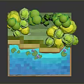 Vibrant 3D Nature Scene with Green Trees Blue Water Yellow Ground and Pink Flowers