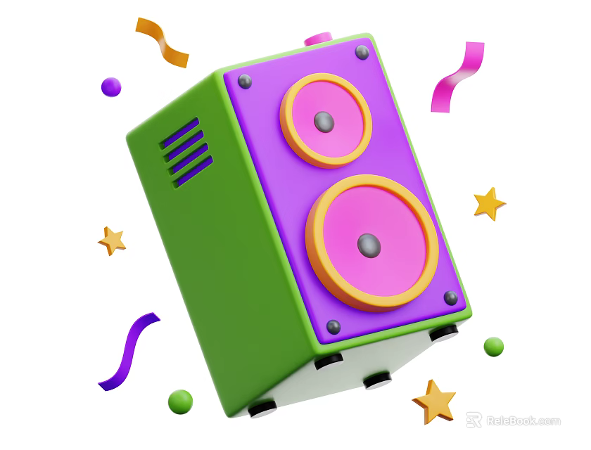 Vibrant Green And Purple Speaker With Yellow Speakers Surrounded By Streamers Stars And Colorful Balls 3d model 