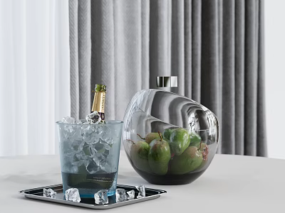 Inflatable Apple Shaped Vase With Green Fruits And Champagne Glass On Table With Grey Curtain 3d model