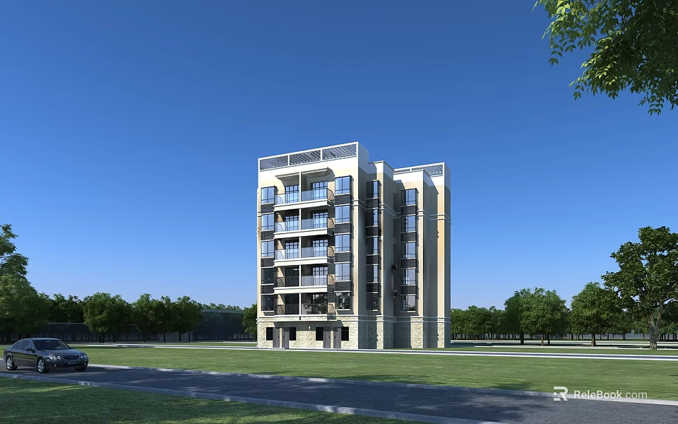 Modern Residential Building Exterior With Balconies Green Lawn And Surrounding Trees Under Blue Sky 3d model 