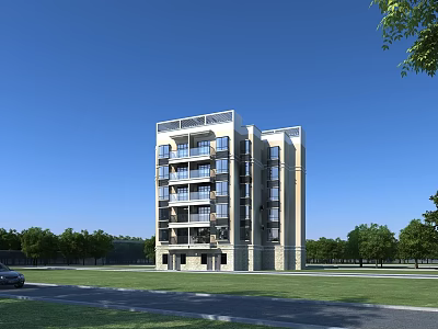 Modern Residential Building Exterior With Balconies Green Lawn And Surrounding Trees Under Blue Sky 3d model