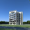 Modern Residential Building Exterior With Balconies Green Lawn And Surrounding Trees Under Blue Sky