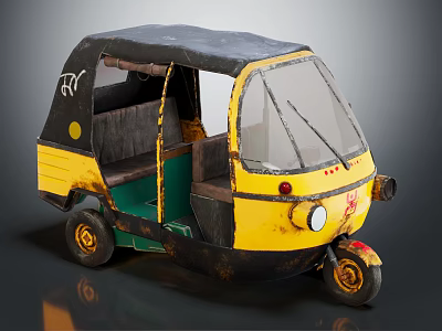 Vintage Yellow Green Black Tuk Tuk With Black Canopy Windshield And Yellow Wheels 3d model