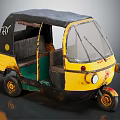 Vintage Yellow Green Black Tuk Tuk With Black Canopy Windshield And Yellow Wheels