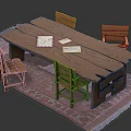 Wooden Long Table and Chairs Set with Papers on Top Placed on Pink Carpet
