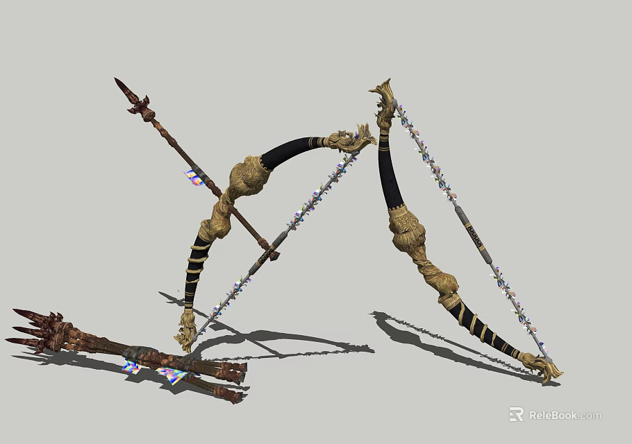 Ancient Weapon Collection Featuring Decorative Bow Spear And Intricate Ornamental Details 3d model 