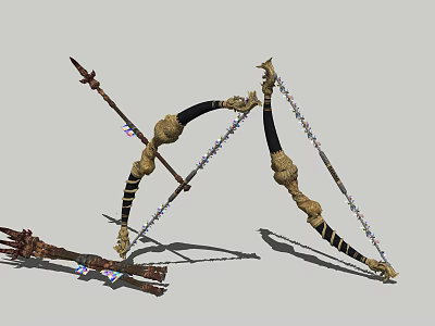 Ancient Weapon Collection Featuring Decorative Bow Spear And Intricate Ornamental Details 3d model