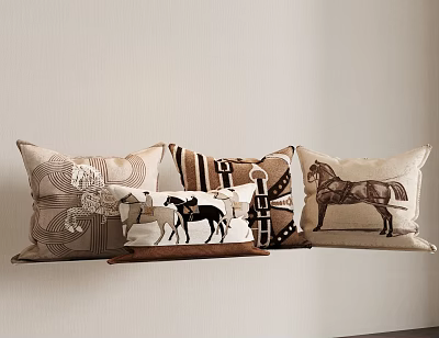 Elegant Decorative Pillows With Horse Prints And Geometric Patterns In Beige Brown Tones 3d model
