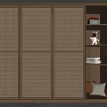 Modern Wooden Wardrobe with Rattan Doors Open Compartment Bookshelf Stuffed Toy Books and Green Plant