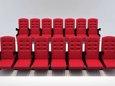 Red Checkered Public Chairs With Armrests Neatly Arranged In Cinema Hall 3d model