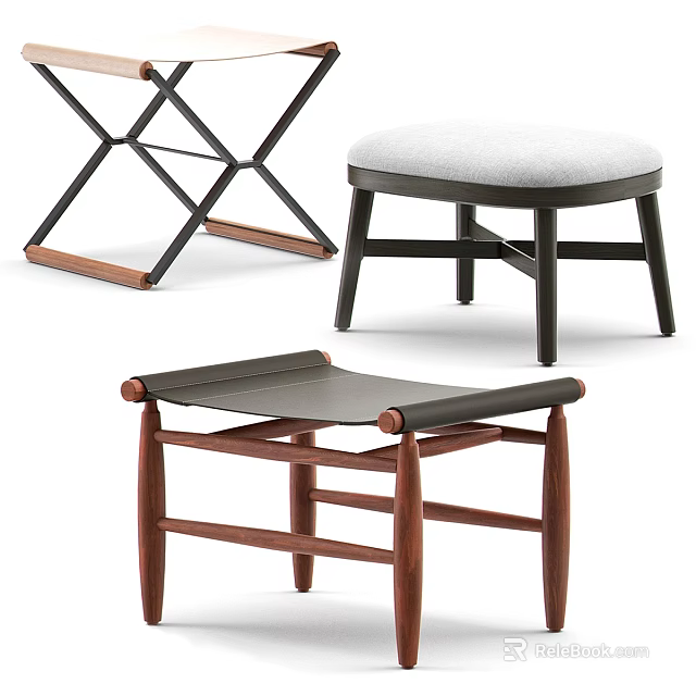 Modern Stools Featuring Cross Leg Design Wooden Frames And Soft Upholstered Seats 3d model
