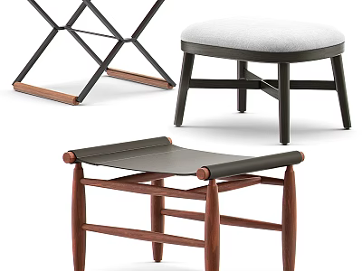 Modern Stools Featuring Cross Leg Design Wooden Frames And Soft Upholstered Seats 3d model