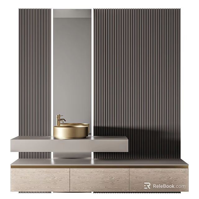 Modern Bathroom Washstand Design With Gold Basin Stone Countertop Striped Wall And Mirror 3d model 