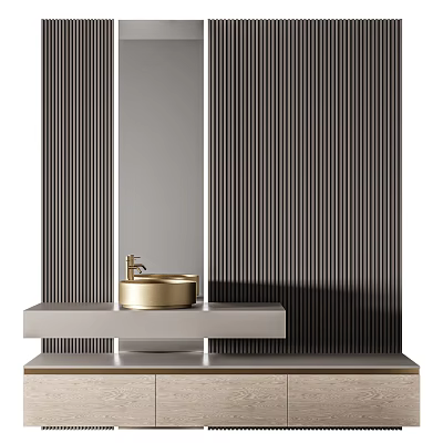 Modern Bathroom Washstand Design With Gold Basin Stone Countertop Striped Wall And Mirror 3d model