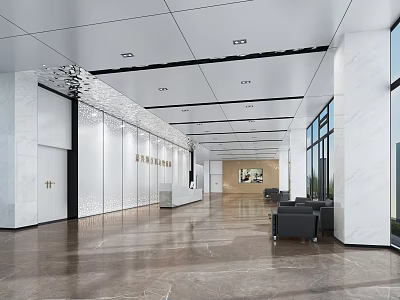 Modern Lobby Reception Desk With Marble Floor White Walls Elevators And Sofa Seats 3d model