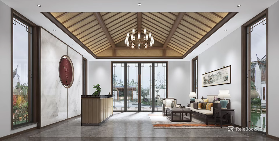 Traditional Chinese Hotel Lobby With Wooden Ceiling Chandelier Reception Desk And Floor To Ceiling Windows 3d model 