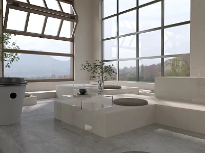 Modern Café Interior With Large Windows Natural Light Indoor Plants And Cozy Seats 3d model