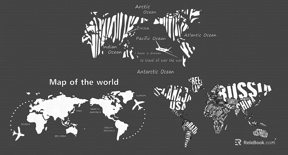 Stylish World Map Wall Decor With Ocean Labels And Artistic Geographic Patterns 3d model 