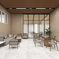 Modern Restaurant Interior Featuring Long Dining Table Chairs And Wooden Ceiling Plants