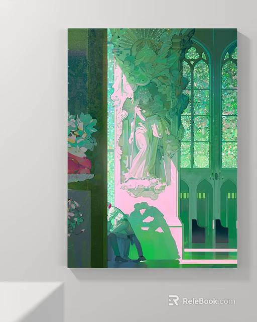 Vibrant Abstract Painting With Green And Pink Tones Featuring Architectural Elements And Figures 3d model 