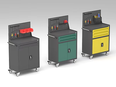 Public Utility Mobile Tool Cabinets with Colored Bodies Pegboards Drawers and Wheels 3d model