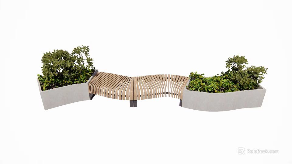 Wooden Curved Landscape Seat Surrounded by Green Plants in Outdoor Space 3d model 