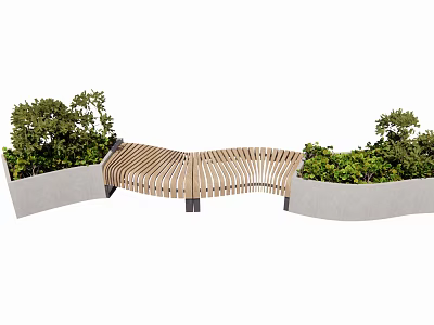 Wooden Curved Landscape Seat Surrounded by Green Plants in Outdoor Space 3d model