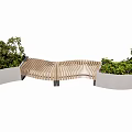 Wooden Curved Landscape Seat Surrounded by Green Plants in Outdoor Space