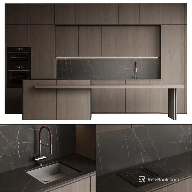 Modern Dark Kitchen Cabinets With Sleek Marble Countertop And Red Faucet Design 3d model 