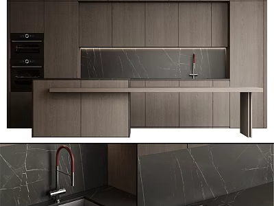 Modern Dark Kitchen Cabinets With Sleek Marble Countertop And Red Faucet Design 3d model