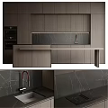 Modern Dark Kitchen Cabinets With Sleek Marble Countertop And Red Faucet Design
