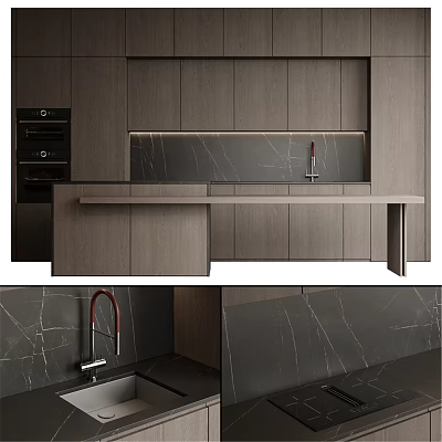 Modern Dark Kitchen Cabinets With Sleek Marble Countertop And Red Faucet Design 3d model