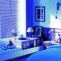 Bay Window Cabinet in Bedroom with Bed Table Lamp Books and Fruits
