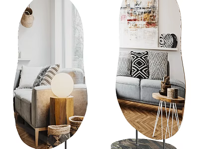 Oval Decorative Mirror in Modern Living Room with Gray Sofa Patterned Pillows and Wooden Side Table 3d model