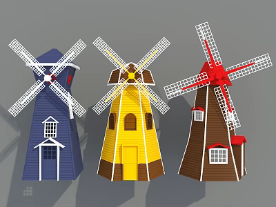 Three Colorful Windmill Architectural Components With White Blades And Tower Structures 3d model