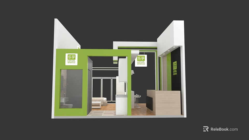 Modern Exhibition Booth Design With Green White Glass Door And Reception Area 3d model 