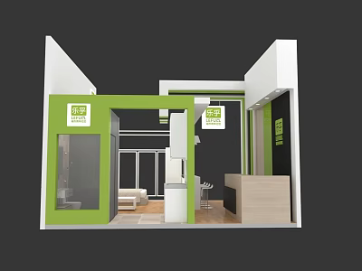 Modern Exhibition Booth Design With Green White Glass Door And Reception Area 3d model