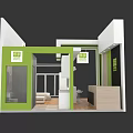 Modern Exhibition Booth Design With Green White Glass Door And Reception Area